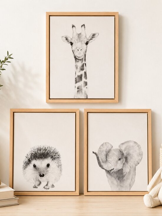 Other - Baby Animal Framed Canvas Wall Art Set Elephant Giraffe Hedgehog 11x14